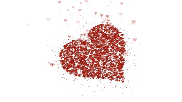 O coração vermelho é isolado no fundo branco. A acumulação de pequenos corações cria um grande coração. Coração mentiroso está absorvendo mais corações pequenos . — Fotografia de Stock