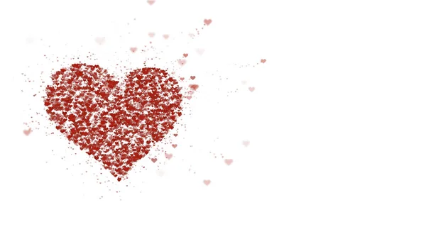 O coração vermelho é isolado no fundo branco. A acumulação de pequenos corações cria um grande coração. Atribuição esquerda. Espaço de cópia . — Fotografia de Stock