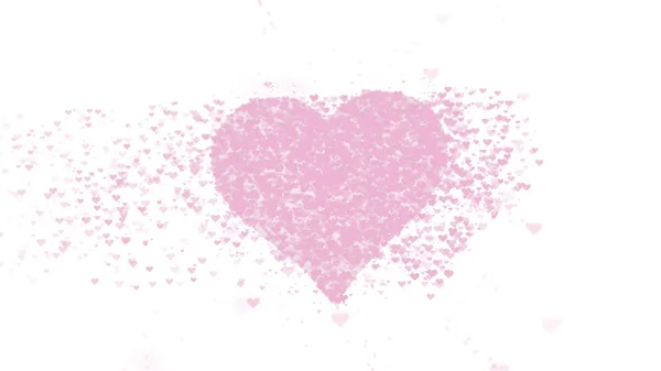 Cuore rosa sfocato è isolato su sfondo bianco. L'accumulo di piccoli cuori crea un unico grande cuore. Cuore rosa chiaro sta scoppiando di cuoricini . — Foto Stock