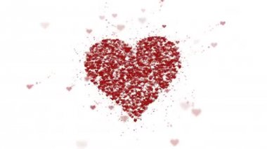 Kırmızı kalp beyaz arka planda izole edilir. Küçük kalplerin birikimi büyük bir kalp oluşturur. Bütün kalp yakınlaştırılıyor. Kapat şunu. Boşluk Kopyala.