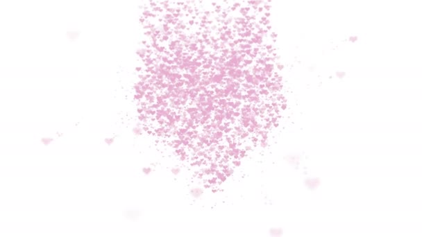 Suddig rosa hjärta är isolerad på vit bakgrund. Ansamling av små hjärtan skapar ett stort hjärta. Små hjärtan visas uppifrån. Närbild. Kopiera utrymme. — Stockvideo
