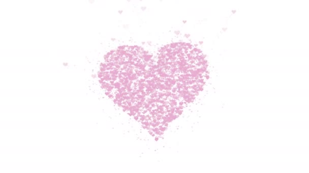 verschwommenes rosafarbenes Herz ist auf weißem Hintergrund isoliert. Die Ansammlung kleiner Herzen ergibt ein großes Herz. Nahaufnahme. Kopierraum.