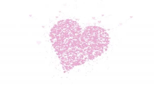 Verschwommenes rosafarbenes Herz ist auf weißem Hintergrund isoliert. Die Ansammlung kleiner Herzen ergibt ein großes Herz. Nahaufnahme. Kopierraum. — Stockvideo