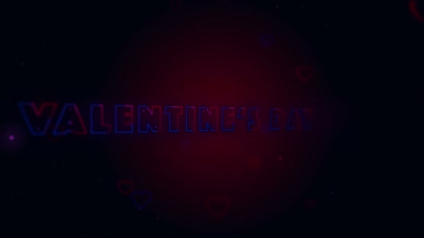 Happy Valentines Day kleine harten zijn op donkere achtergrond met vonken. Conceptuele backgroud. Verschijnen en draaien belettering. Zoomen. Actie. Animatie. 3D. 4k. — Stockvideo