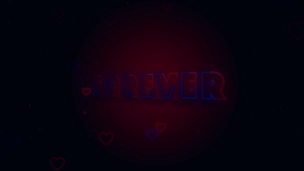 Forever together. Little hearts are on dark background with sparks. Conceptual neon backgroud. Appearing and disappearing lettering. Turning. Action. Animation. 3D. 4K. — Stock Video