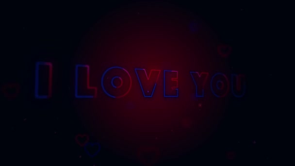 I Love You. Little hearts are on dark background with sparks. Conceptual backgroud. Appearing and disappearing lettering. Turning around. Blicking background. Action. Animation. 3D. 4K. — Stock Video