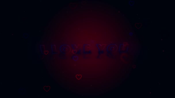 I Love You. Little hearts are on dark background with sparks. Conceptual backgroud. Appearing and disappearing lettering. Zooming. Action. Animation. 3D. 4K. — Stock Video