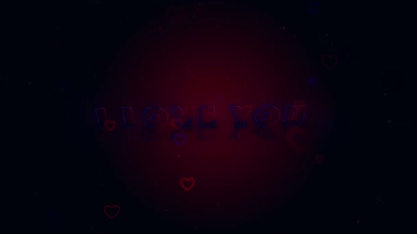 I Love You. Little hearts are on dark background with sparks. Conceptual backgroud. Appearing and disappearing lettering. Zooming. Blicking background. Action. Animation. 3D. 4K. — Stock Video