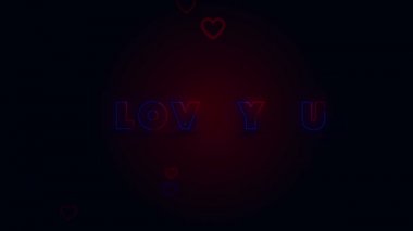Seni seviyorum. Küçük kalpler kıvılcımlarla karanlık arka planda. Kavramsal backgroud. Görünen ve harfler. Zoom ve blicking. Eylem. Animasyon. 3B. 4k.