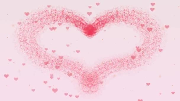 Bela chama-rosa coração está aparecendo. Então o coração está se dispersando. Dia dos Namorados coração feito de respingo rosa isolado no fundo rosa claro. Partilhar amor. Acção. Animação. 4K . — Vídeo de Stock