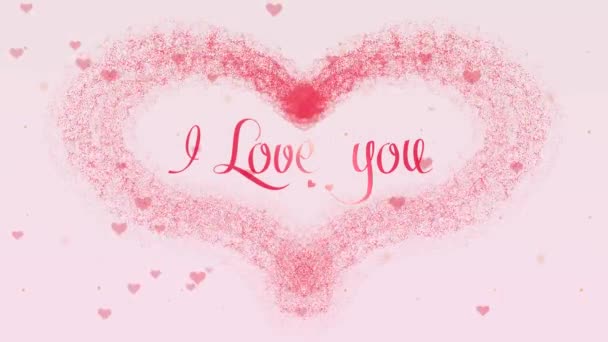 Te amo Amar la confesión. Día de San Valentín corazón hecho de salpicadura rosa está apareciendo. Luego viene la letra. El corazón se está dispersando. Aislado sobre fondo rosa claro. Acción. Animación. 4K . — Vídeos de Stock