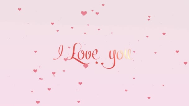 Ik hou van je liefde bekentenis. Valentines Day belettering, geïsoleerd op witte achtergrond, die is versierde met kleine schattige rode harten. Aandeel liefde. Zoom. Actie. Animatie. 4k. — Stockvideo