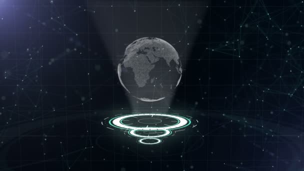 Globo de dados digital - ilustração abstrata de uma tecnologia científica. Rede de dados. Rodeando o planeta Terra em três círculos em loop. 3D. Fecha. espaço de cópia. A fazer zoom. Animação. Acção. 4K . — Vídeo de Stock