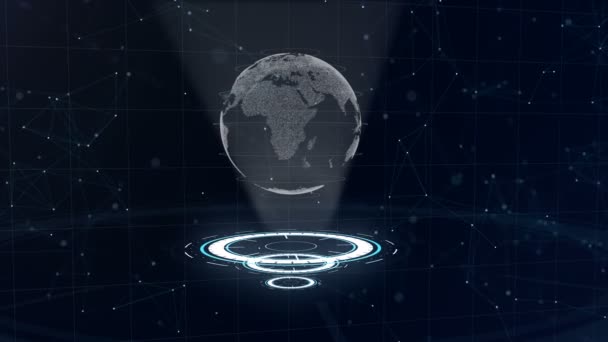 デジタルデータ地球儀-科学技術の抽象的なイラスト。データネットワーク。3つのループする円の周囲の惑星地球。3d. クローズアップ。スペースのコピー。ズーム。アニメーション。アクション。4k. — ストック動画