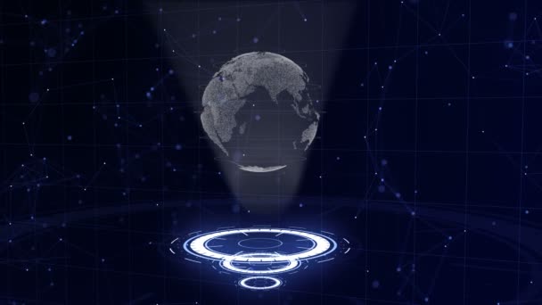Digitale gegevens Globe-abstracte illustratie van een wetenschappelijke technologie. Datanetwerk. Omringende planeet aarde op drie looping cirkels. 3D. close-up. kopieerruimte. Zoomen. Animatie. Actie. 4k. — Stockvideo