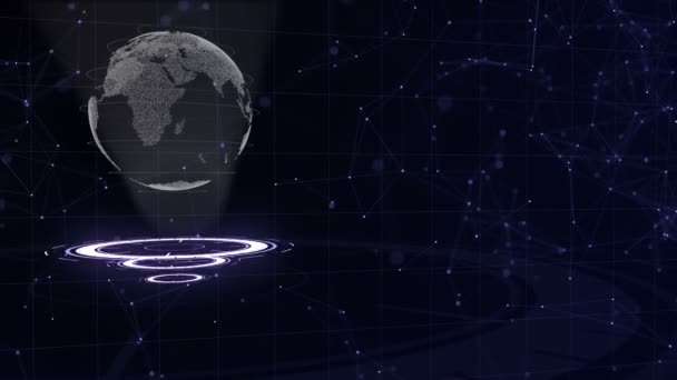Datennetzwerk. den Planeten Erde auf drei Schleifen umkreist. Linke Allokation. 3d. Nahaufnahme. Kopierraum. Zoomen. Animation. Aktion. 4k. — Stockvideo