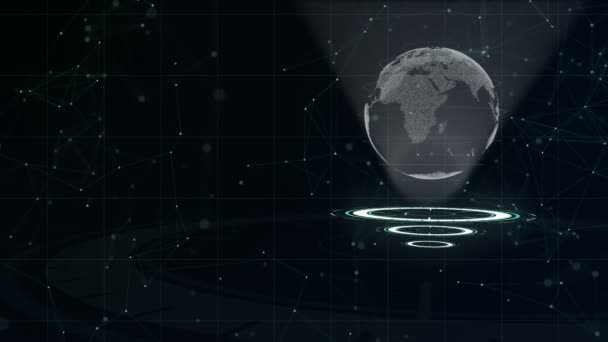 データネットワーク。3つのループする円の周囲の惑星地球。適切な割り当て。3d. クローズアップ。スペースのコピー。ズーム。アニメーション。アクション。4k. — ストック動画