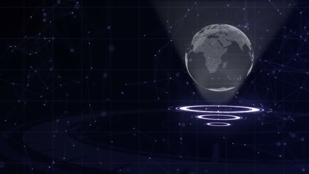 Datennetzwerk. den Planeten Erde auf drei Schleifen umkreist. Richtige Zuordnung. 3d. Nahaufnahme. Kopierraum. Zoomen. Animation. Aktion. 4k. — Stockvideo
