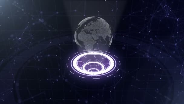 Réseau de données. Planète Terre autour de trois cercles en boucle. Répartition du centre. 3D. Close up. espace de copie. Zoom. entrain. action. 4k. — Video
