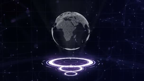 Réseau de données. Planète Terre autour de trois cercles en boucle. Répartition du centre. 3D. Close up. espace de copie. Zoom. entrain. action. 4k. — Video