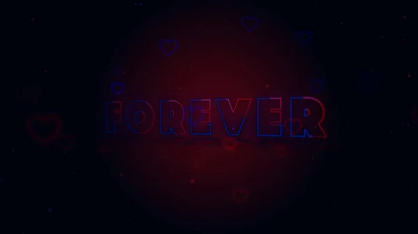 Forever together. Little hearts are on dark mixed background with sparks. Conceptual neon backgroud. Slightly turned neon lettering. — Stock Photo, Image