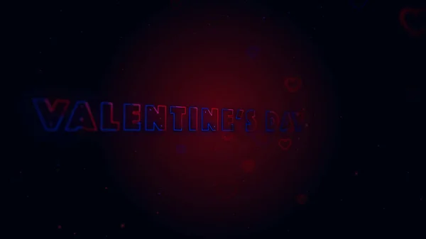 Happy Valentines Day Little hearts are on dark background with sparks. Conceptual backgroud. Close up. Slightly turned neon lettering. — Stock Photo, Image