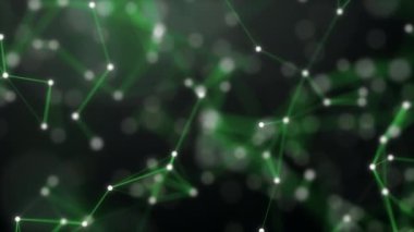 Plexus elemanları ve alan ayarları derinliği ile yeşil soyut teknoloji ve siyah arka plan. 3d render. Eylem. Animasyon. 4k.