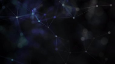 Bokeh. Bulanık. Bağlı çizgiler ve noktalarla geometrik desen. Sibernetik nokta. Çizgiler pleksus. Eylem. Animasyon. 4k.