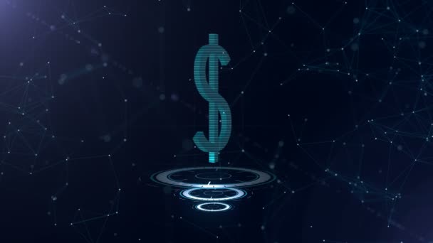 International currency dollar is spinning on three virtual glowing circlers, which appear firstly. Horizontal lines connected the whole sign. Space background. 4K. — Stock Video