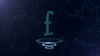 Para Birimi Pound Sterling ilk olarak görünen üç sanal parlayan daire üzerinde dönüyor. Yatay çizgiler tüm işareti bağlı. Uzay arka planı. 4k.