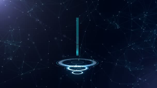 3D日本円記号。インターネット接続を備えたスペースブルーのサイバースペースの背景。円は3つの仮想光る円の上にあります。ズーム。4k. — ストック動画
