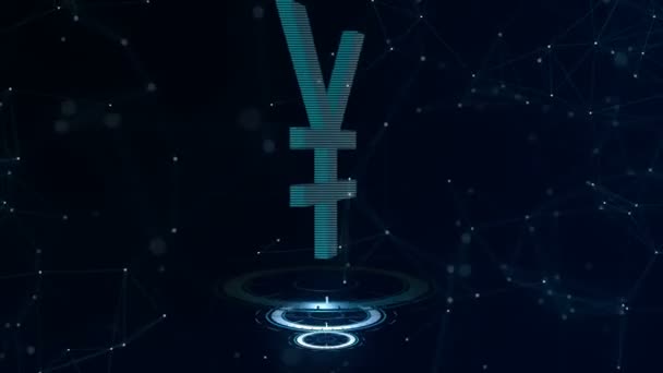 3D japonský znak jenu. Vesmírně modrý kyberprostor na pozadí s připojením k Internetu. Yen je na třech virtuálních zářících kruzích, které se objeví za prvé. Zavři to. 4k. — Stock video