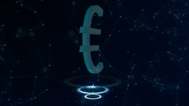 A superb 3d Euro sign. Space blue cyberspace backdrop with internet connections. Euro currency is on three virtual glowing circles, which comes up firstly. Close up. 4K. Spiral. — Stock Video