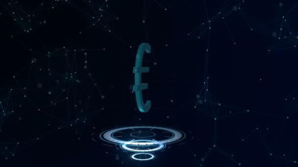 Een prachtig 3D Euro teken. Ruimte blauw cyberspace achtergrond met internetverbindingen. Euro munt is op drie virtuele gloeiende cirkels, die in de eerste plaats komt. Close-up. 4k. spiraal. — Stockvideo