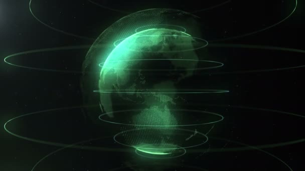 Sfera futuristica di punti. Interfaccia di globalizzazione. I cerchi verdi intorno a sfera. Precisione del colore. La sfera verde appare da una scintillazione che cresce lentamente. 4K . — Video Stock