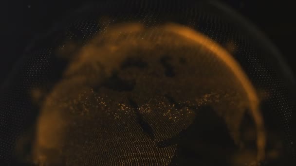 Particella astratta. Pianeta dorato arancione all'interno del ciclo velato, creato di punti. Un completo crollo nero. Sfera tagliata. Piccoli punti bianchi sullo sfondo. Spostare le pubblicazioni. 4K . — Video Stock