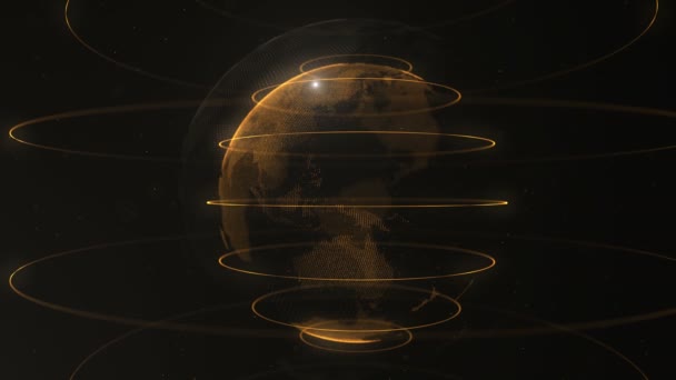 Αφηρημένο σωματίδιο. Χρυσός, πορτοκαλί πλανήτης μέσα στο κίτρινο, που δημιουργήθηκε από τελείες. Μικρές λευκές κουκίδες στο παρασκήνιο. Σφαίρα. Η χρυσή σφαίρα επαναλαμβάνεται αργά. 4K. — Αρχείο Βίντεο