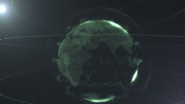 Футуристическая сфера точек. Интерфейс глобализации. Зеленые петли вокруг сферы. Недостаток цвета. Возделываемый шар. Движущиеся клики. 4K . — стоковое видео