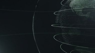 Soyut küre. Kırpılmış küre. Çizgilerle bağlı sarımsı yeşil nokta. Küreselleşme arabirimi. Gezegen sağ tarafta hareket ediyor. 4k.