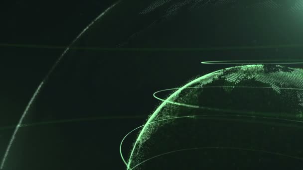 抽象球体。用线连接绿点。全球化接口。点累积。特写行星被裁剪并在右角移动。4k. — 图库视频影像