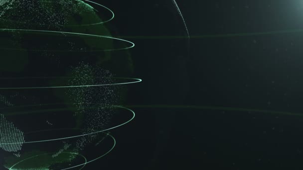 抽象的な球。トリミング。緑色の点を線で接続します。グローバリゼーション インターフェイス。惑星は左側を動いている。4k. — ストック動画