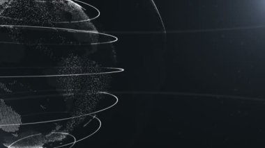 Soyut küre. Kırpılmış. Çizgilerle bağlı beyaz nokta. Küreselleşme arabirimi. Gezegen sol tarafta hareket ediyor. 4k.