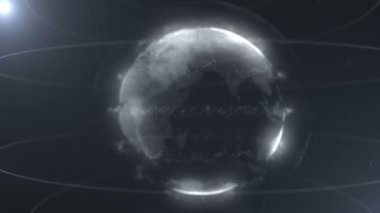 Beyaz soyut küre. Beyaz noktaları çizgilerle birleştirmek. Küreselleşme arayüzü. Gezegen merkezde dönüyor. Kapatın. Balyaları hareket ettiriyorum. Ateşli arka plan. 4k.