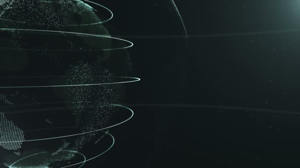 Esfera abstracta. Cultivado. Conectado puntos verdes amarillentos con líneas. Interfaz de globalización. El planeta se mueve por el lado izquierdo. 4K . — Vídeo de stock