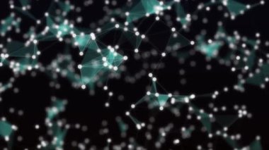 Soyut arka plan, siyah bıcırtılı zemin üzerinde, masmavi düz çizgiler ile bağlanan beyaz nokta dolu. Animasyon. Kompozisyonu yakınlaştırma. Şekiller yavaş ilerliyor. 4k. Bokeh.