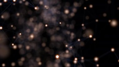 Soyut arka plan, altın dolu, turuncu nokta, mavi düz çizgiler ile bağlı, siyah lekeli siyah zemin üzerinde. Nokta birikimi. Kompozisyonu yakınlaştırma. Şekiller yavaş ilerliyor. 4k