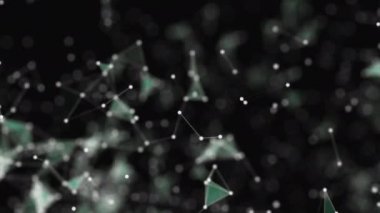 Soyut arka plan, beyaz nokta dolu, hangi biraz yeşil çizgiler ile bağlı, siyah lekeli siyah zemin üzerinde. Nokta birikimi. Kompozisyonu yakınlaştırma. Şekiller yavaş ilerliyor. 4k. Bokeh.