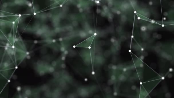 Fond abstrait, plein de points blancs, qui sont reliés par des lignes légèrement vertes, sur fond noir brisé noir. Accumulation de vapeur. Composition du zoom. Les formes bougent lentement. 4K. Bokeh ! .