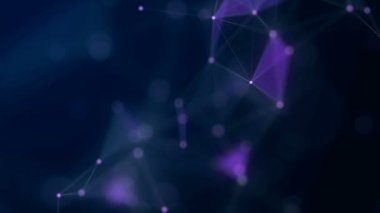 Şekiller, noktalar ve çizgiler bulanık koyu mavi arka plan üzerinde parlaklık ile bağlanır. Animasyon. Kompozisyonu yakınlaştırma. 4k.