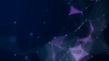 Şekiller, noktalar ve çizgiler bulanık koyu mavi arka plan üzerinde parlaklık ile bağlanır. Animasyon. Kompozisyonu yakınlaştırma. 4k.
